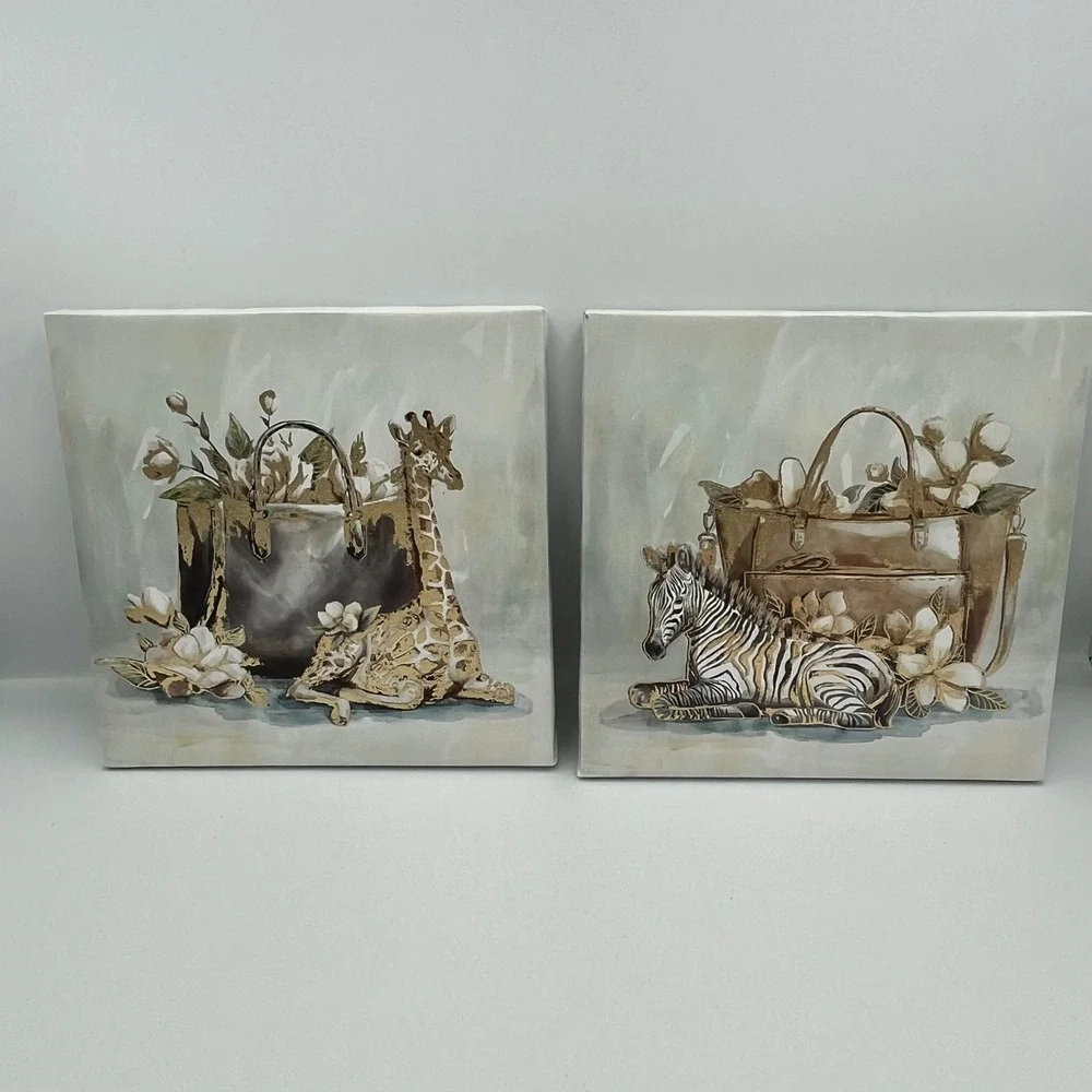 Giraffe Zebra Canvas Wall‎ Art Decor Neutral Beige Gold Floral Animal Prints Set